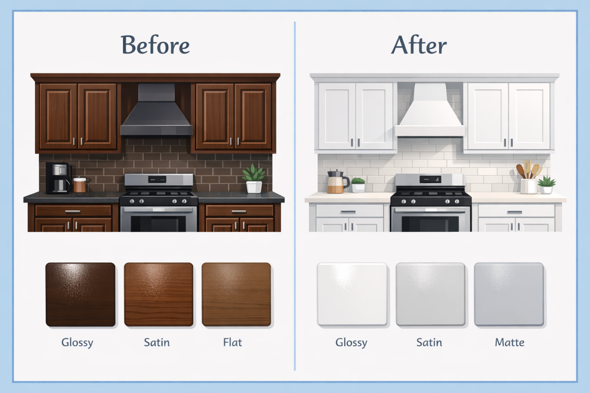 Infographic: Side-by-side comparison chart showing "Before" cabinet style and color vs. "After" painted options with sample color swatches, sheens, and approximate impact on perceived space size and brightness
