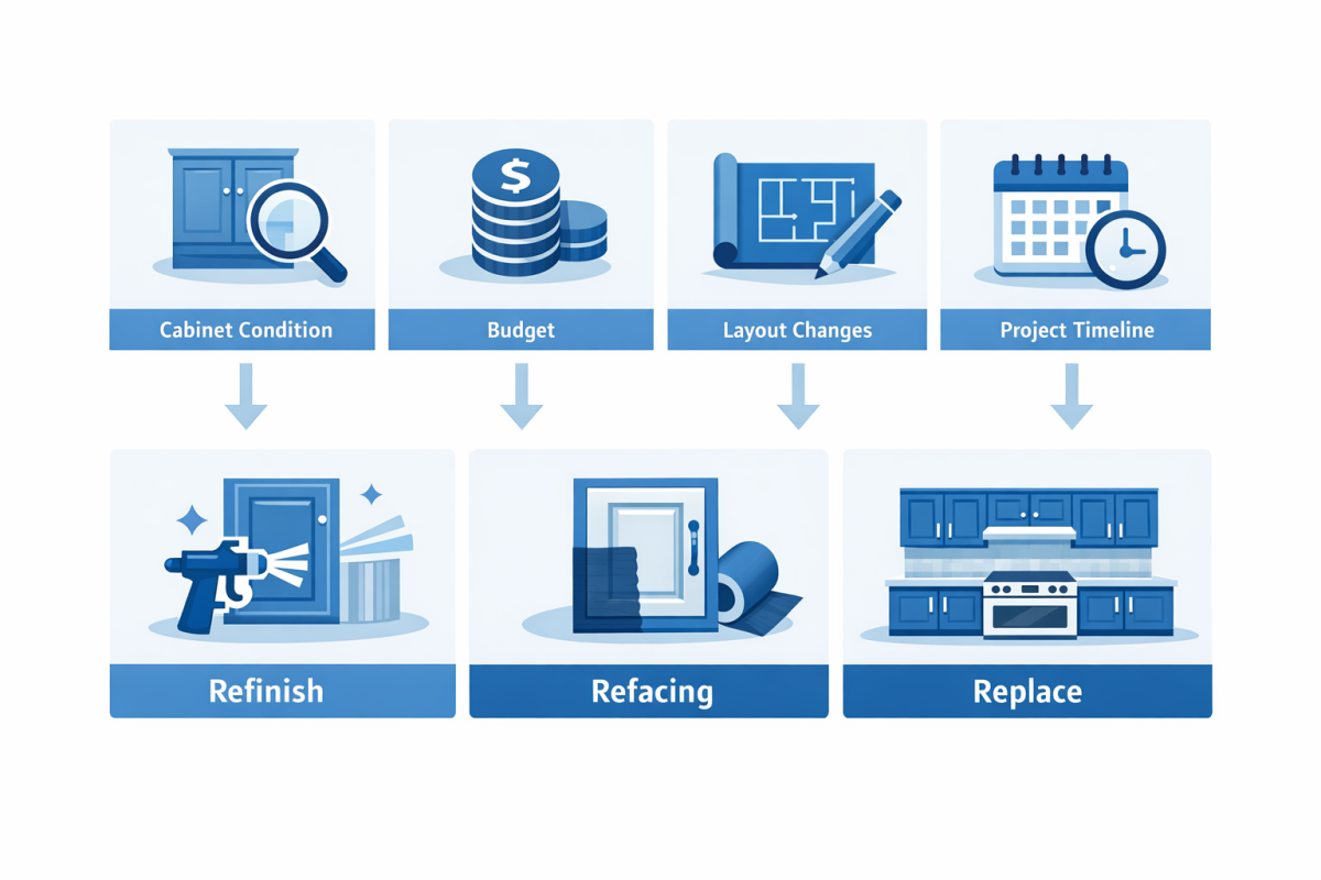 Infographic: Flowchart showing decision path: "Refinish vs Reface vs Replace" based on cabinet condition, budget, layout changes, and project timeline