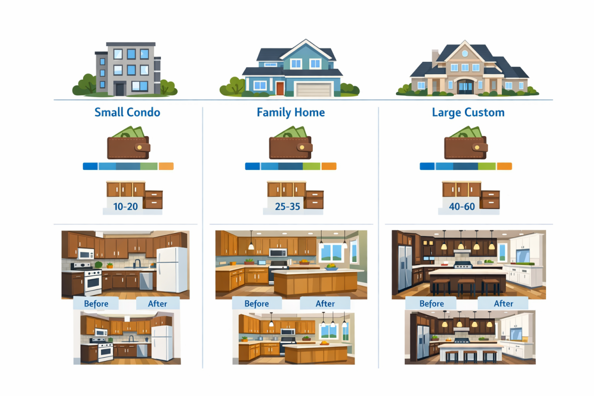 Infographic: Comparison chart showing three Denver kitchen types (small condo, typical family home, large custom) with average refinishing cost range, typical number of doors/drawers, and example before/after color change