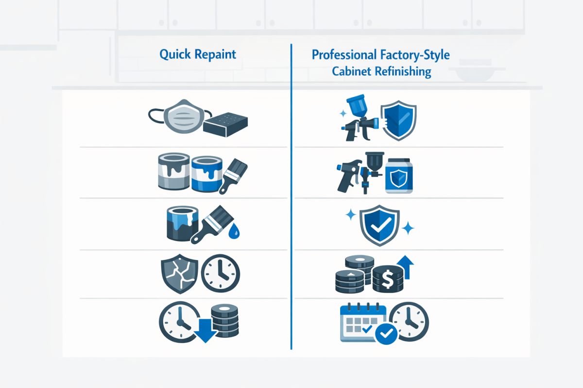 Infographic: Comparison chart showing “Quick repaint vs professional factory-style cabinet refinishing” across categories such as prep quality, coating type, durability, cost, and expected lifespan