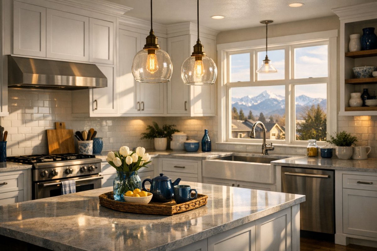 Lafayette CO kitchen with freshly painted shaker cabinets, quartz counters, and mountain light through windows