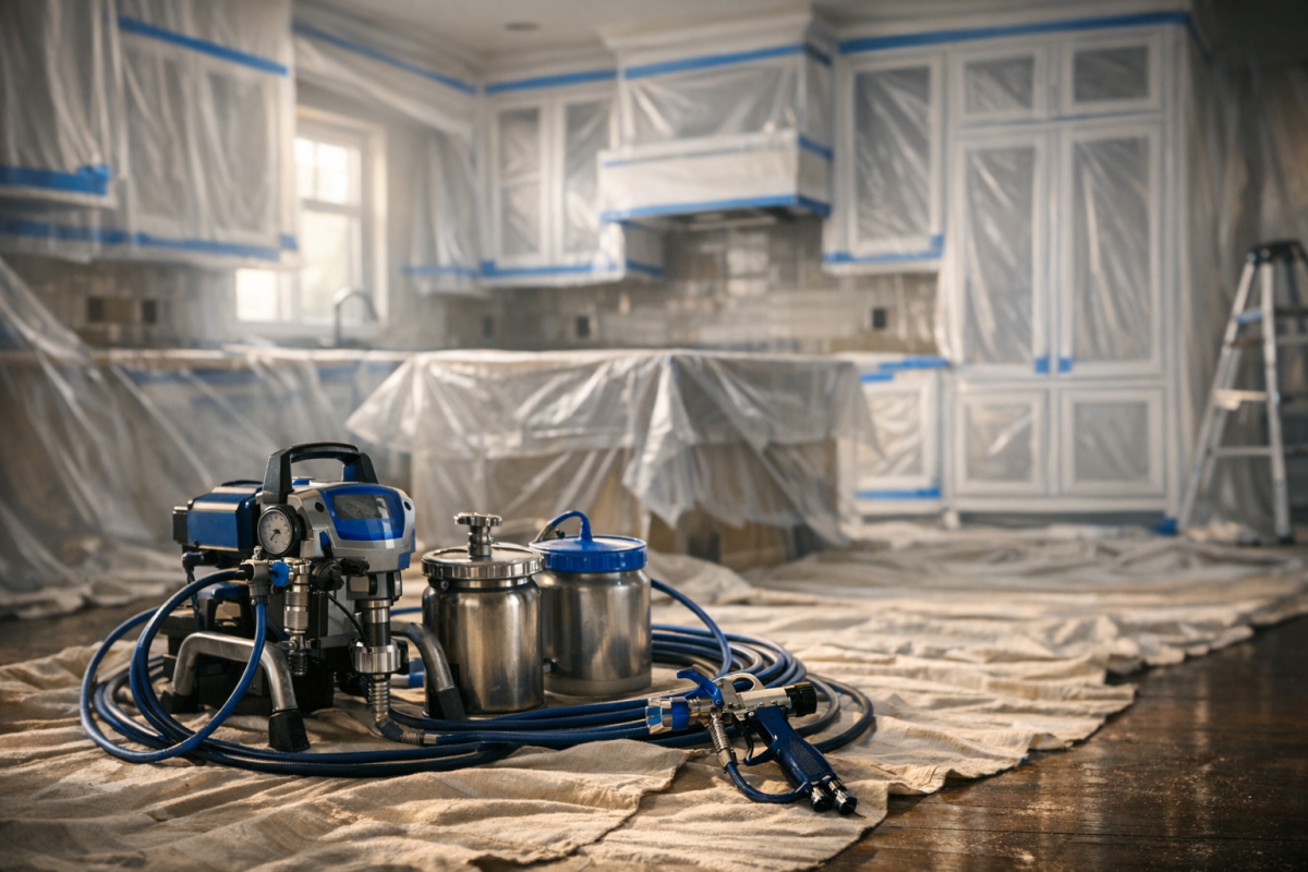 Professional refinishing setup showing masked kitchen, spray equipment, and cabinet boxes being prepped