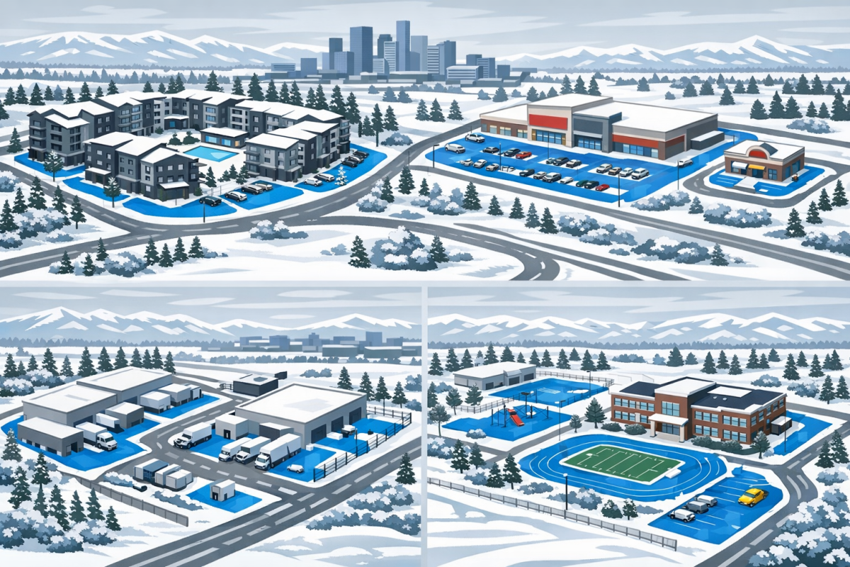 Aerial illustration of different commercial property types in Denver (multifamily, retail, industrial, school), each with snow removal zones highlighted