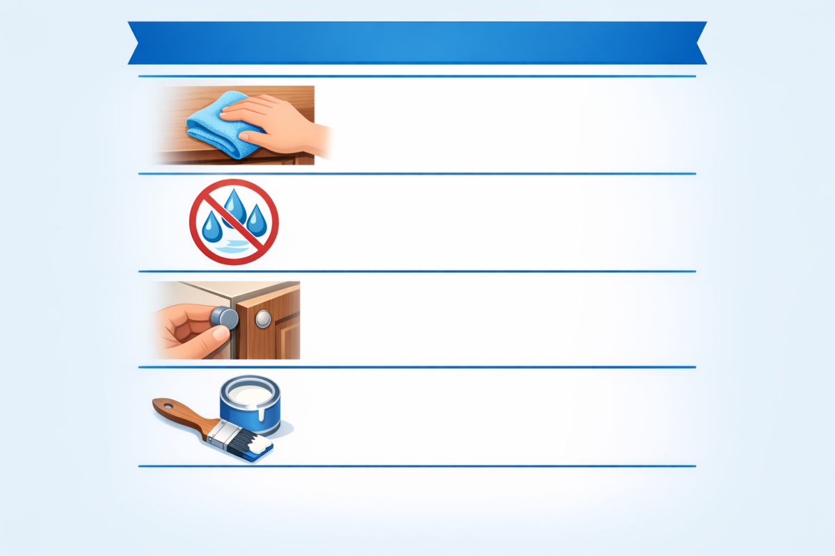 Infographic: A step‑by‑step visual checklist of cabinet care over time: Week 1, Week 4, Month 6, Year 1, with icons for gentle cleaning, avoiding moisture, checking bumpers, and quick touch‑ups