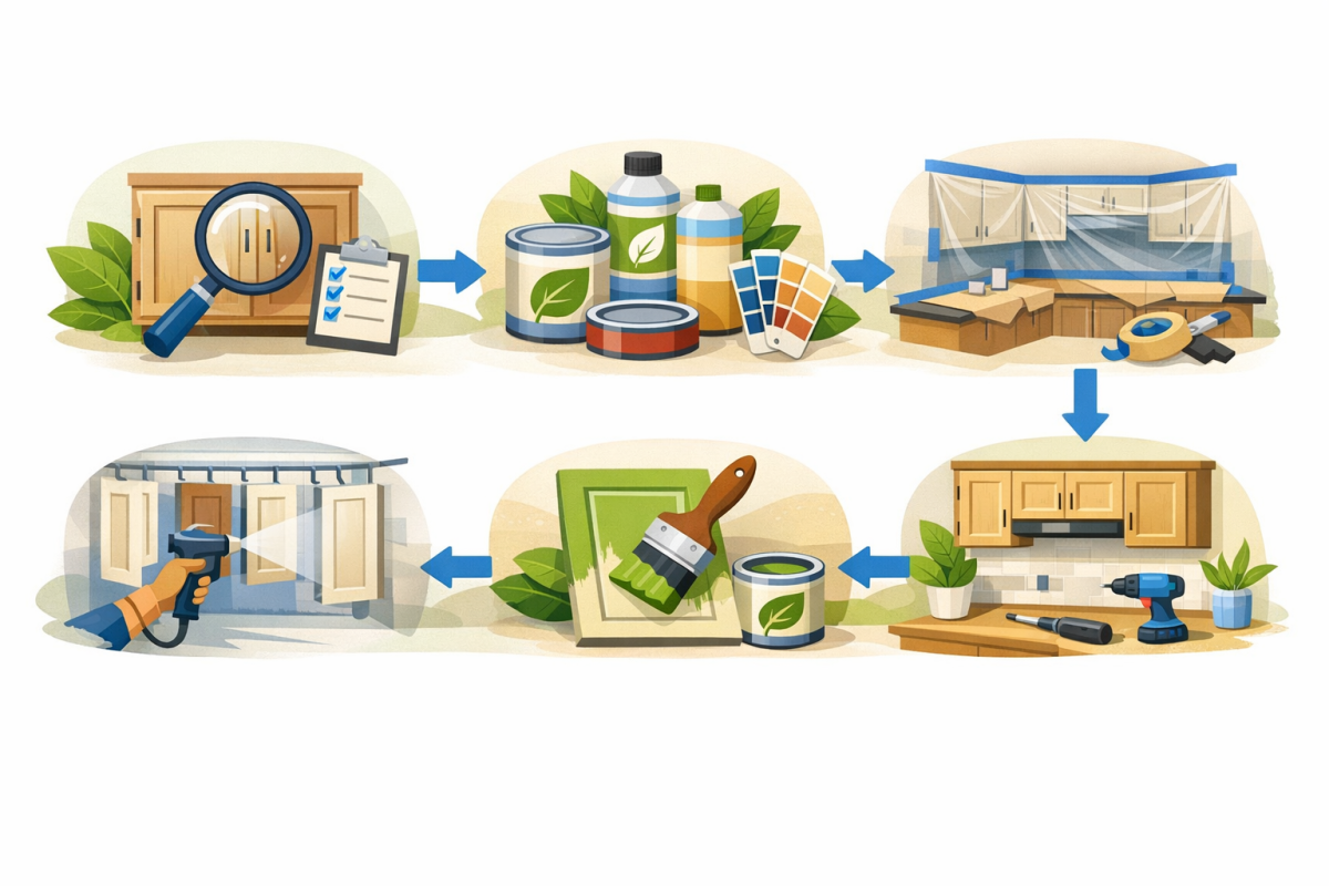 Infographic: Step‑by‑step flowchart of an eco friendly cabinet refinishing process, from initial inspection and product selection through masked prep, spraying doors off‑site, low‑VOC finishing, and final reassembly