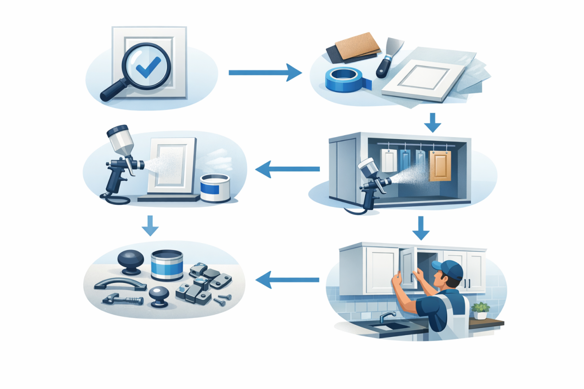 Infographic: Process and design flow diagram showing steps from inspection and prep, through priming and spraying, to hardware selection and reinstallation, tailored for Denver kitchen projects