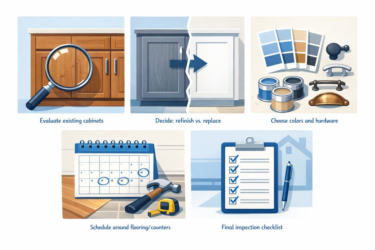 Infographic: Step-by-step process diagram showing “Evaluate existing cabinets → Decide: refinish vs replace → Choose colors and hardware → Schedule around flooring/counters → Final inspection checklist,” with rough cost and ROI notes at each stage