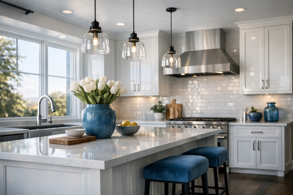 Wide kitchen shot showing transformed white spray-finished cabinets in a modern Denver home