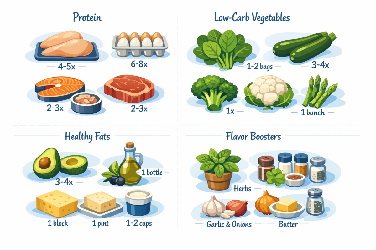 Infographic: Visual grocery list grouped by category: protein, low-carb vegetables, fats, flavor boosters, with icons and sample quantities for one person for 7 days.