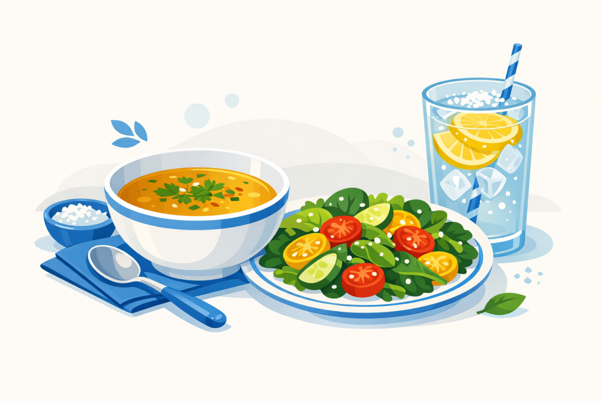 Simple illustration of a “keto electrolyte day,” showing a cup of broth, a salted salad, and a glass of lemon water with added salt