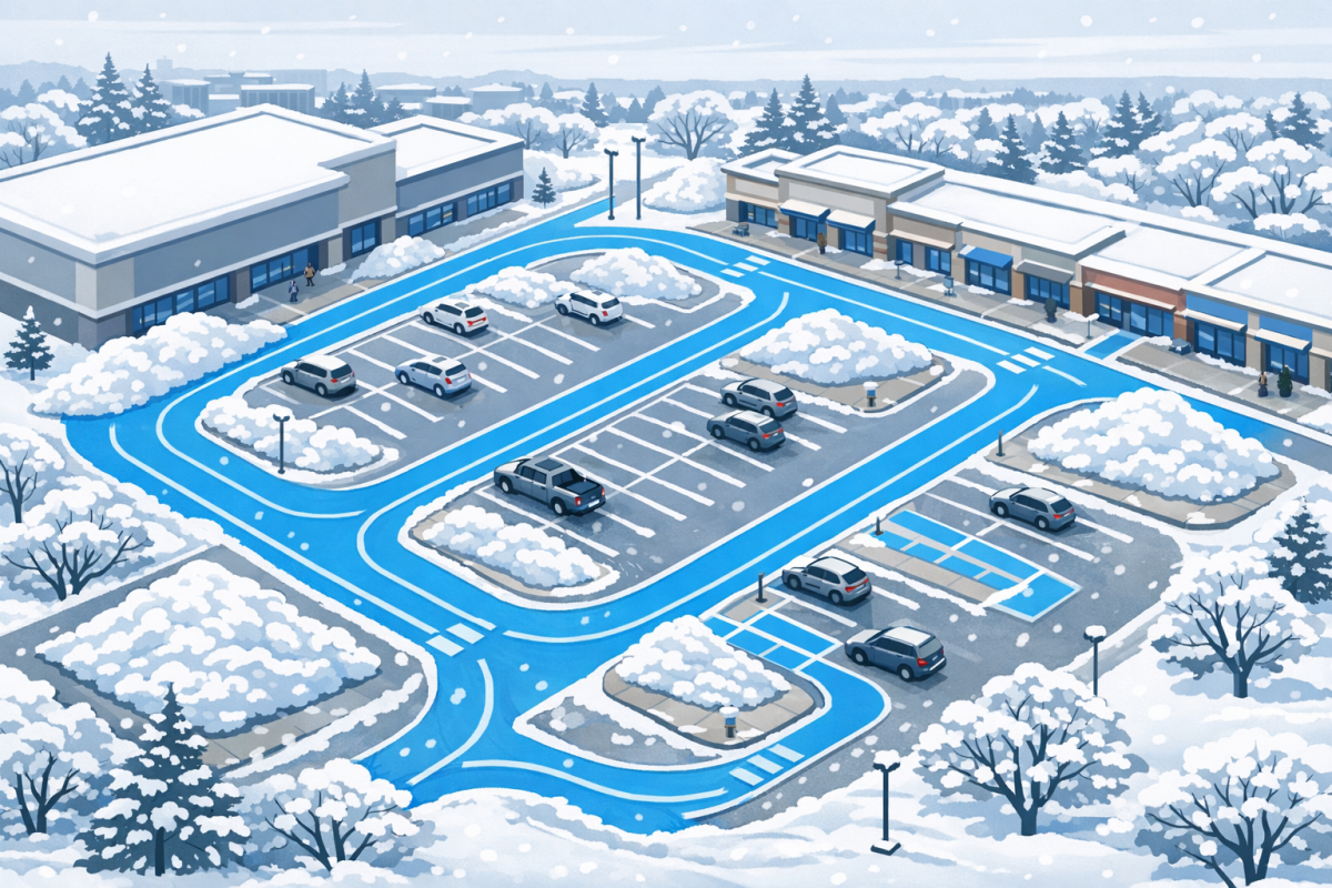 Aerial illustration of a strip mall parking lot with highlighted plow paths, stacking zones, and pedestrian walkways