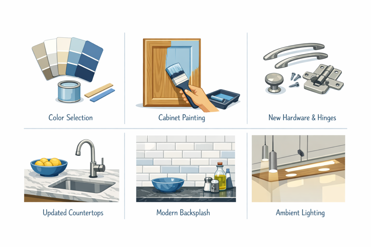 Infographic: Step-by-step process diagram showing the ideal sequence of updates: 1) plan and color selection, 2) cabinet painting/refinishing, 3) hardware and hinges, 4) countertops, 5) backsplash, 6) lighting and styling