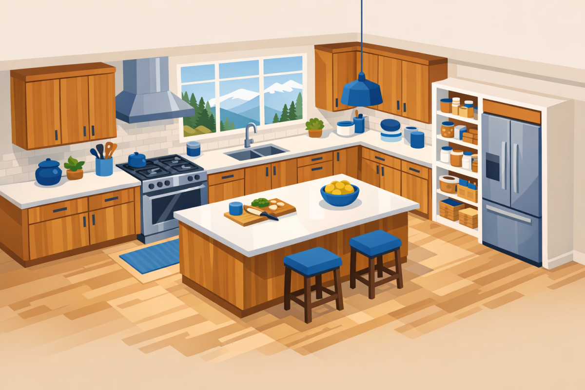 Illustration of a Colorado Front Range kitchen with callouts labeling factors that affect refinishing cost, such as number of doors, island, and pantry