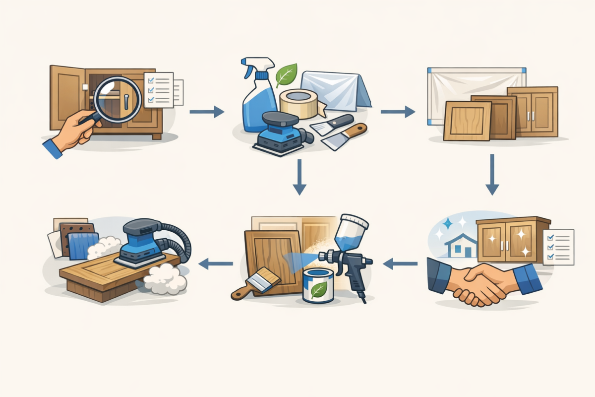 Infographic: Flowchart of the eco friendly cabinet refinishing process from assessment to final walkthrough, with icons for each major step