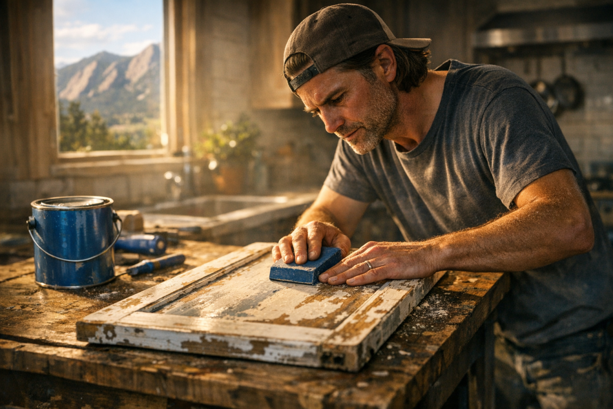 Close-up of a Boulder kitchen where a homeowner is carefully sanding a cabinet door on a workbench, light streaming through a window