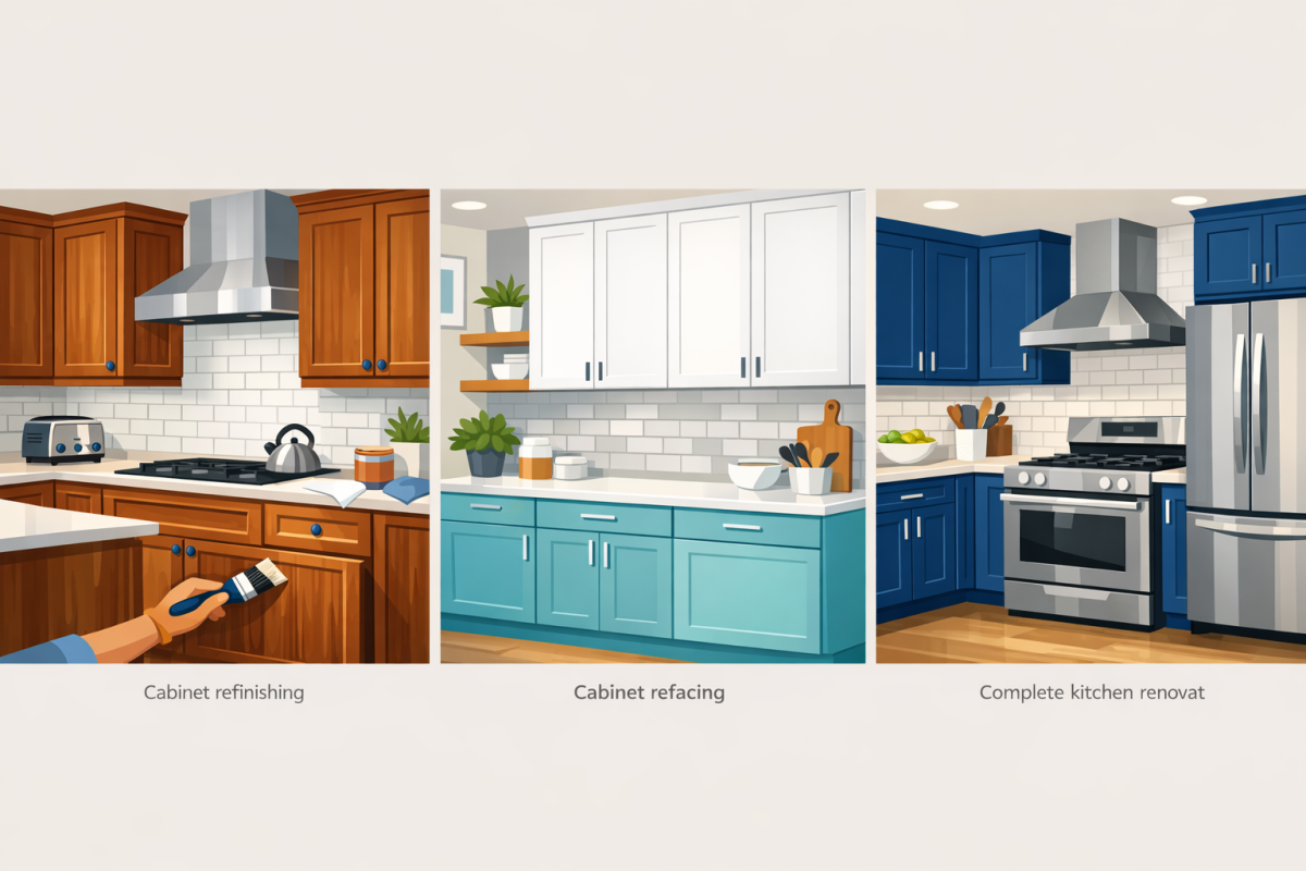 Side-by-side visual comparison of cabinet refinishing, refacing, and full replacement outcomes in three kitchens