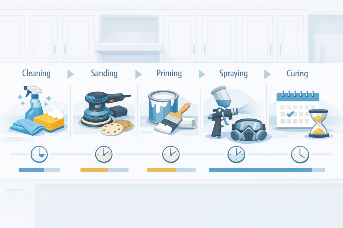 Infographic: Step-by-step process diagram showing the full cabinet refinishing workflow from cleaning and sanding through priming, spraying, and curing, with estimated timelines for each stage