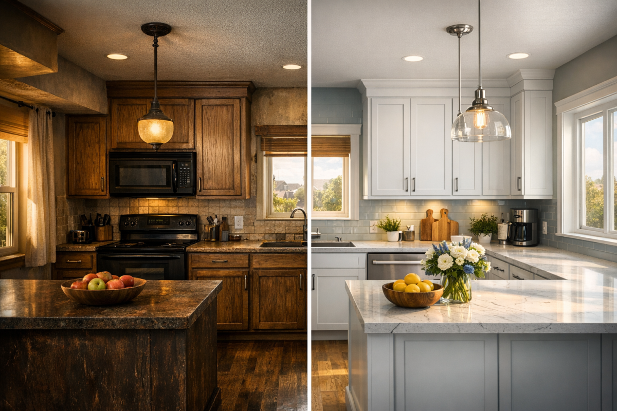 Wide shot of a Denver kitchen before and after cabinet refinishing, split view