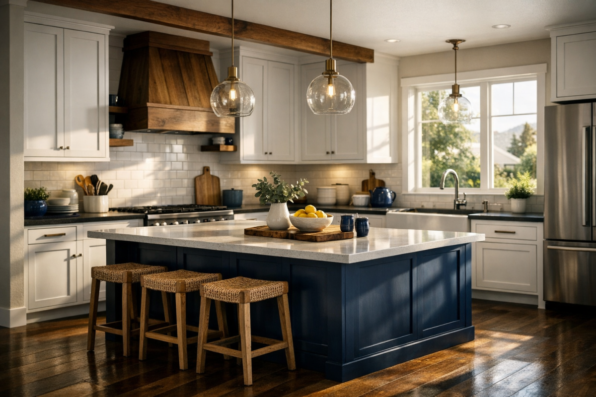 Wide Denver kitchen with freshly painted white shaker cabinets and dark blue island, natural light streaming through large window