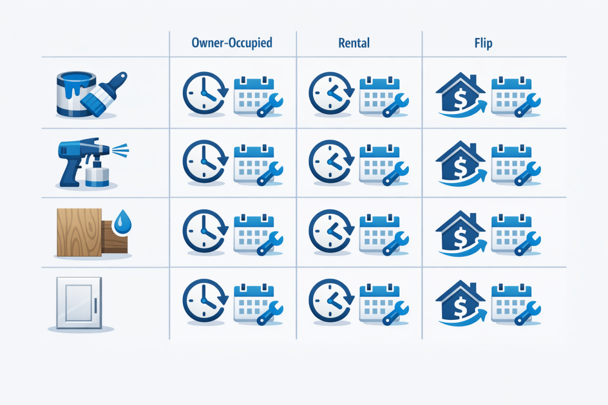 Infographic: Comparison chart showing expected lifespan and maintenance schedule for different cabinet finish systems in owner-occupied homes vs rentals vs flips
