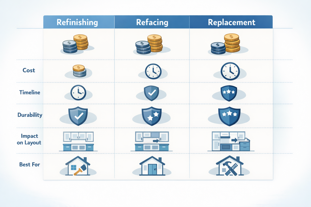 Infographic: Comparison chart showing “Refinishing vs Refacing vs Replacement” with columns for Cost, Timeline, Durability, Impact on Layout, Best For