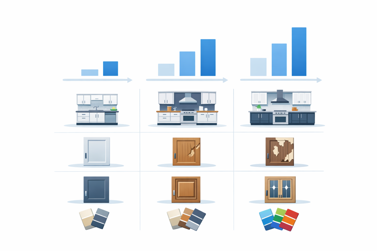 Infographic: Comparison chart showing “Low”, “Medium”, and “High” impact factors on price, such as kitchen size, damage level, door style complexity, and color change difficulty