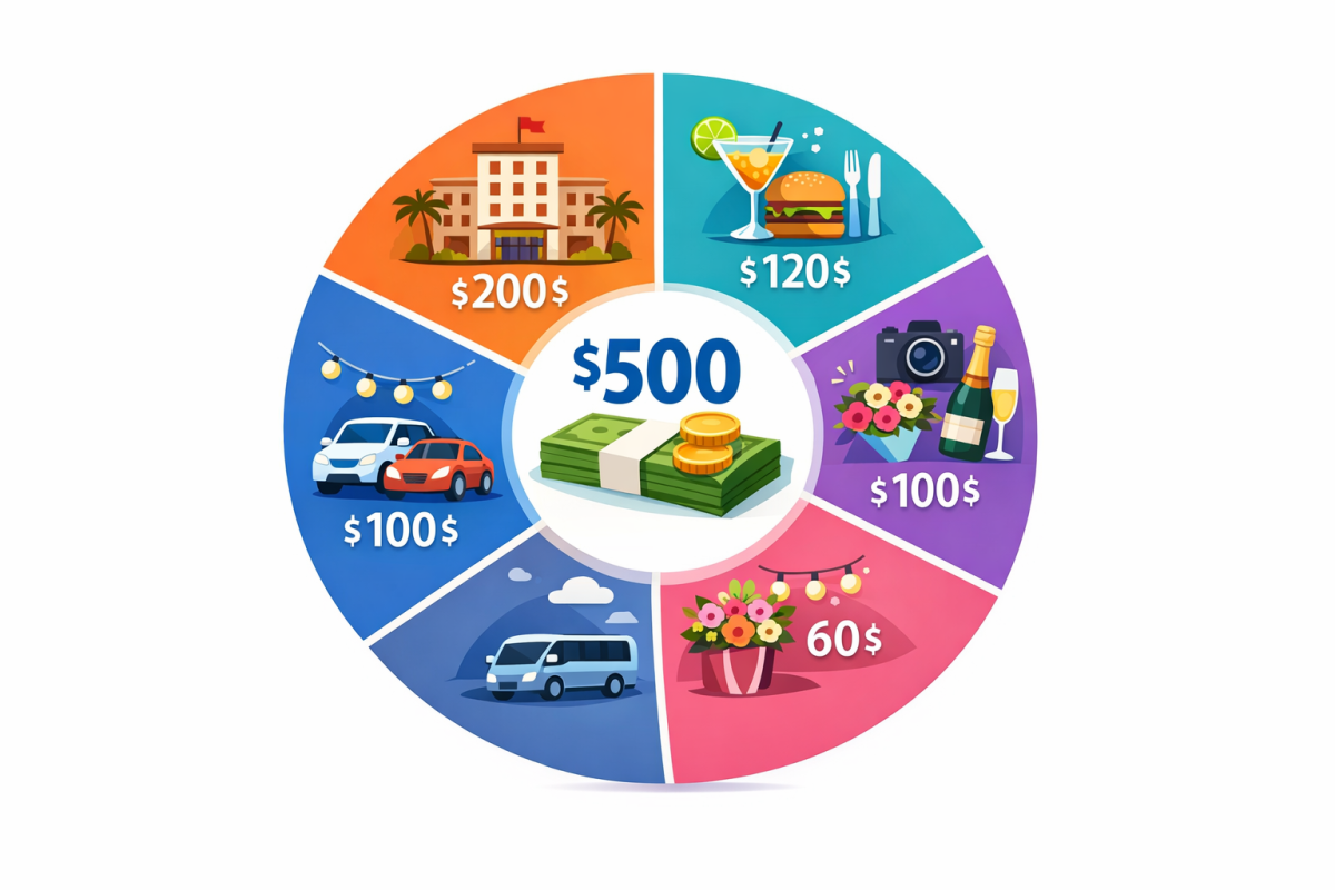 Infographic: Visual budget wheel showing percentage breakdown of a $500-per-person weekend across lodging, food, activities, decor, and transportation, with example dollar amounts