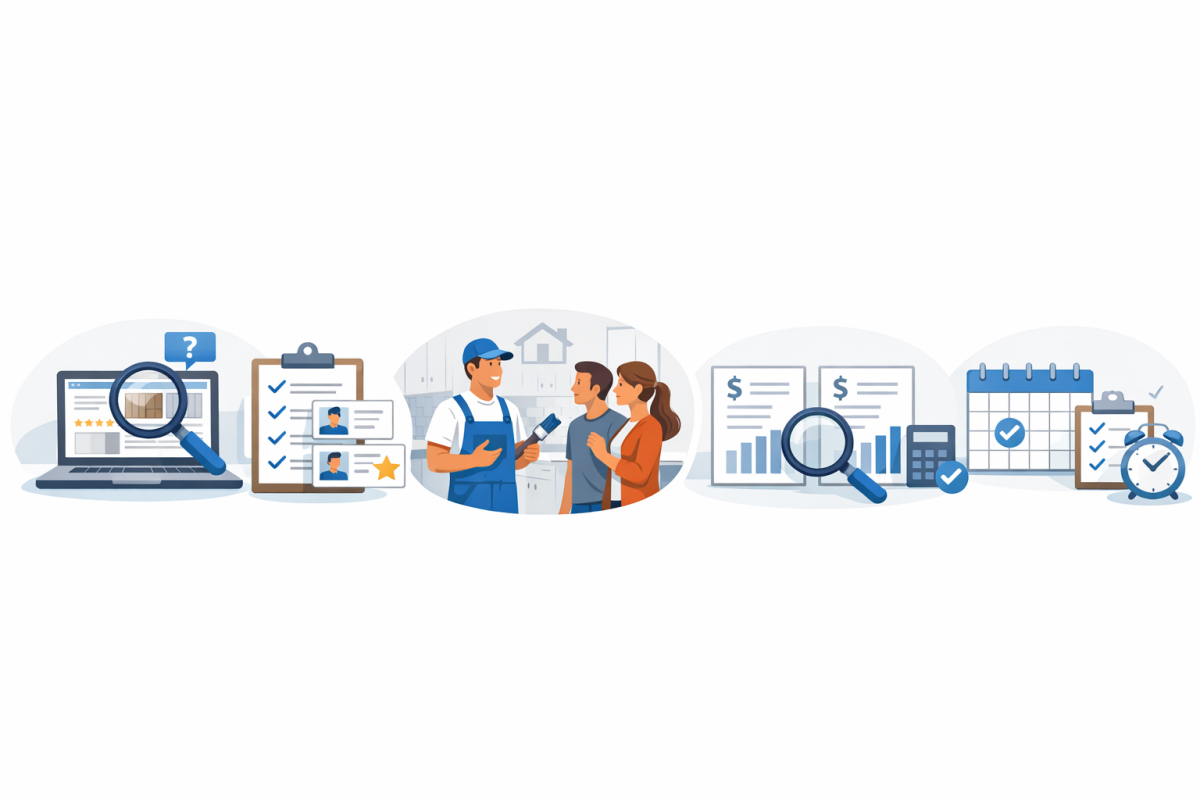 Infographic: Step-by-step process diagram showing the hiring workflow from research, shortlist, site visit, proposal comparison, to final selection and scheduling