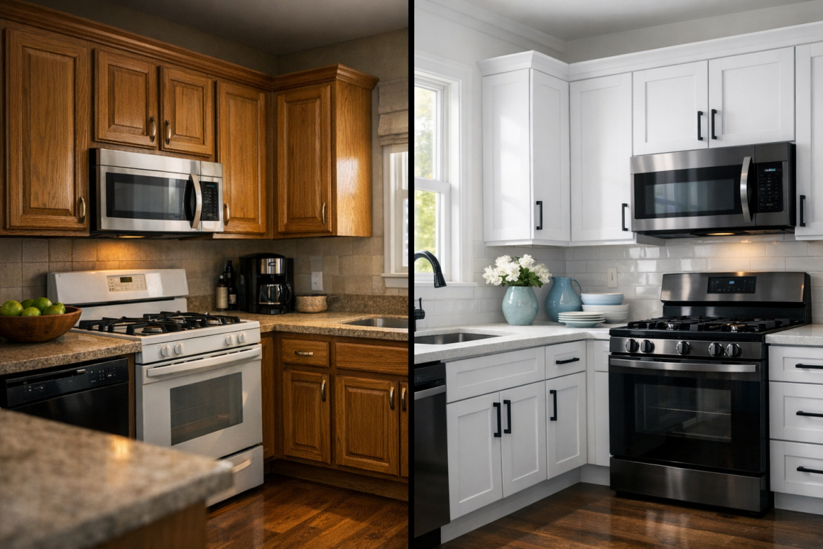 Before-and-after kitchen view, same layout, showing dated oak cabinets vs crisp white factory-finish cabinets with modern hardware