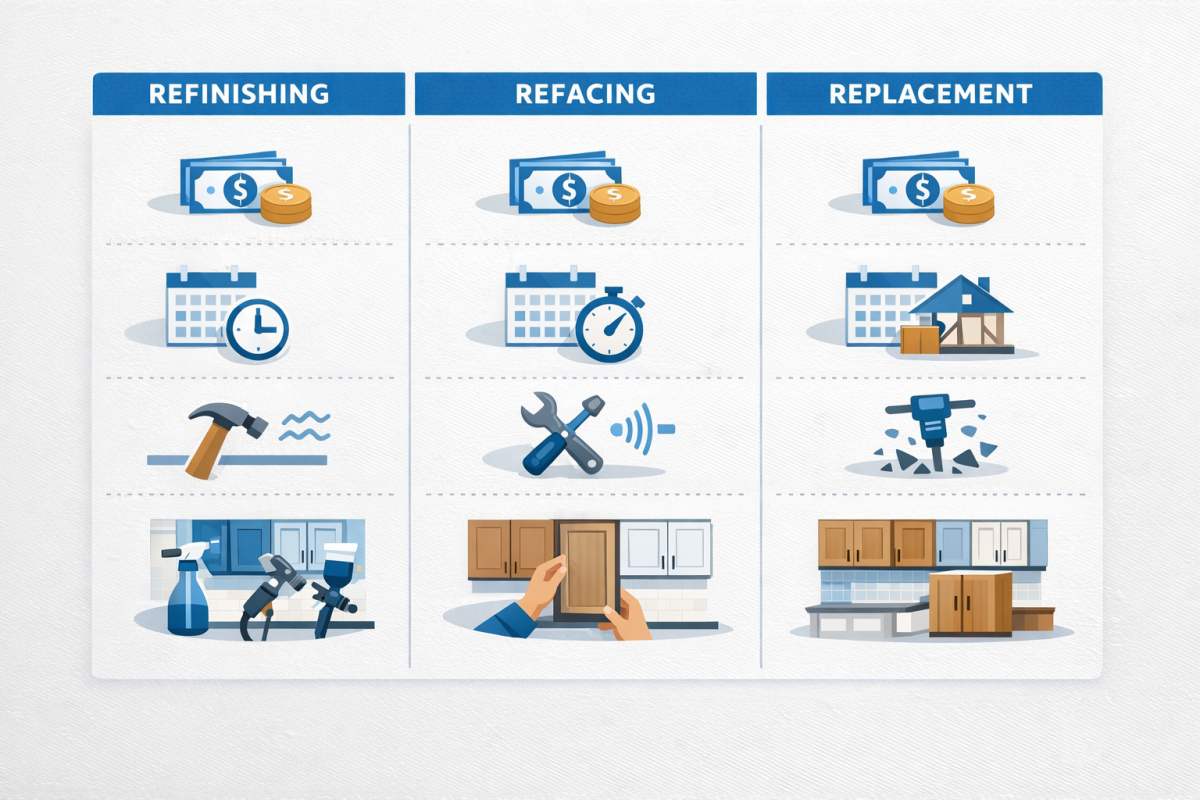 Infographic: Comparison chart showing refinishing vs refacing vs replacement in Denver: cost range, typical timeline, disruption level, and best use case