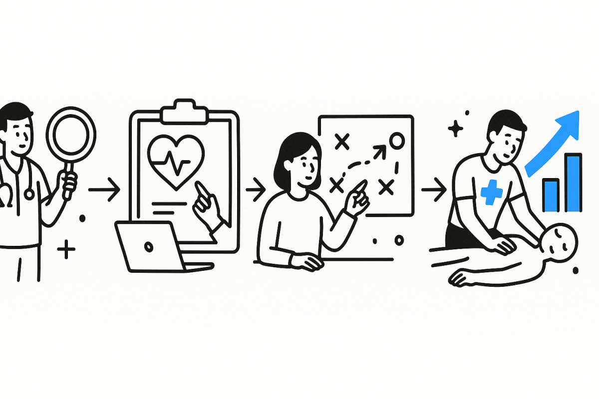 Whiteboard style illustration of a rescue process flow: Discover → Diagnose → Plan → Stabilize → Improve
