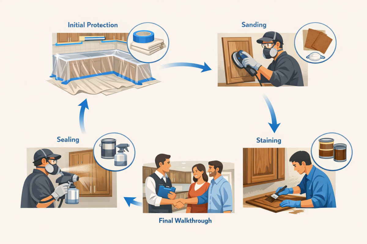 Infographic: Step‑by‑step process diagram showing the full refinishing workflow from initial protection through final walkthrough