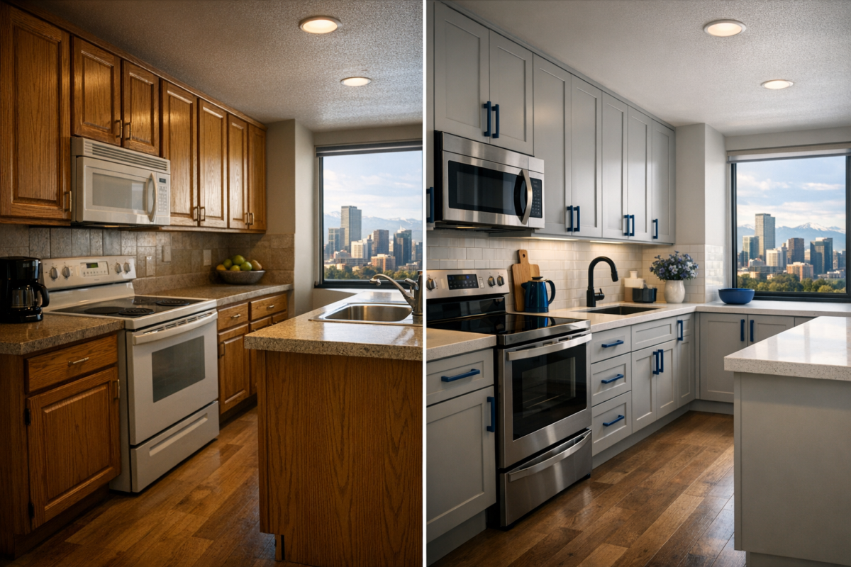 Before and after cinematic shot of an older Denver apartment kitchen, cabinets transformed from dated oak to modern painted finish