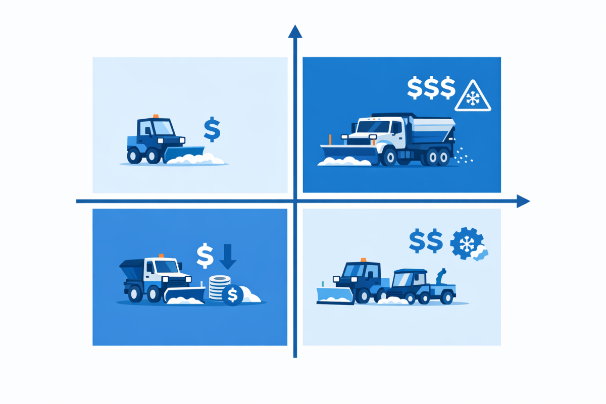 Infographic: Decision matrix showing risk level vs budget flexibility with recommended snow service models: low risk/low budget = per push; high risk/high budget = seasonal with zero-tolerance; high risk/low budget = seasonal with defined caps; medium categories with hybrid models