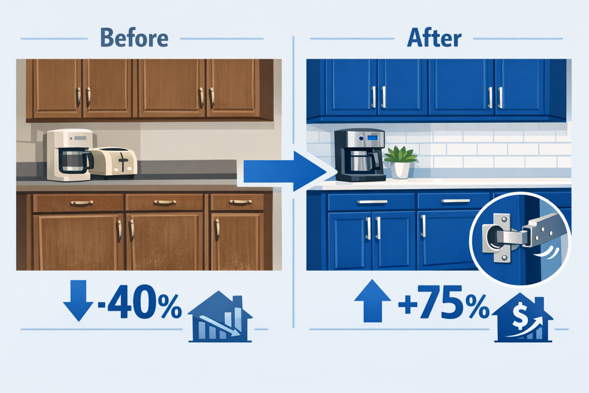 Infographic: Side by side comparison chart showing "Before" vs "After" cabinet refinishing impact: color change, hardware update, added soft close, perceived value, estimated ROI