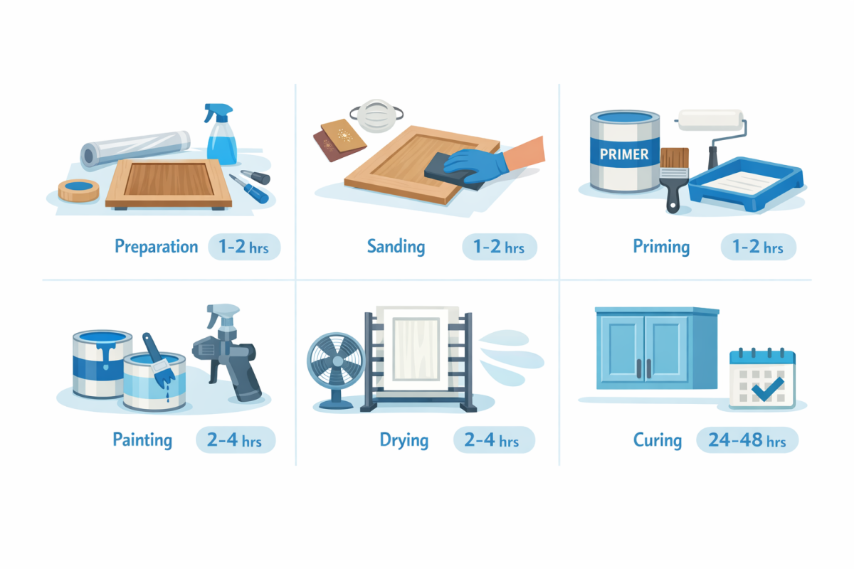 Infographic: Step-by-step cabinet painting process diagram from prep to final cure, with approximate timelines and what the homeowner can do at each stage