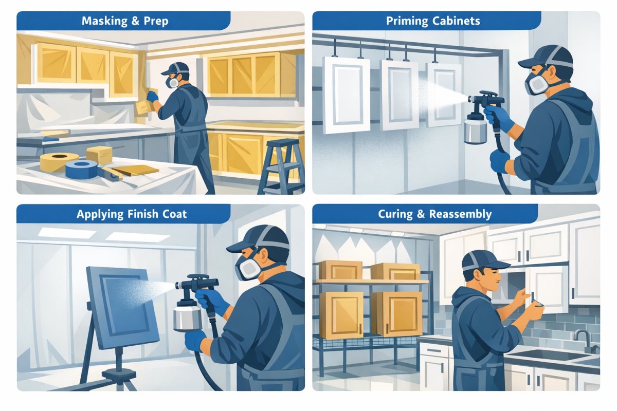 Infographic: Step‑by‑step process diagram of professional spray finish cabinet painting, from masking and prep through priming, spraying, curing, and reassembly