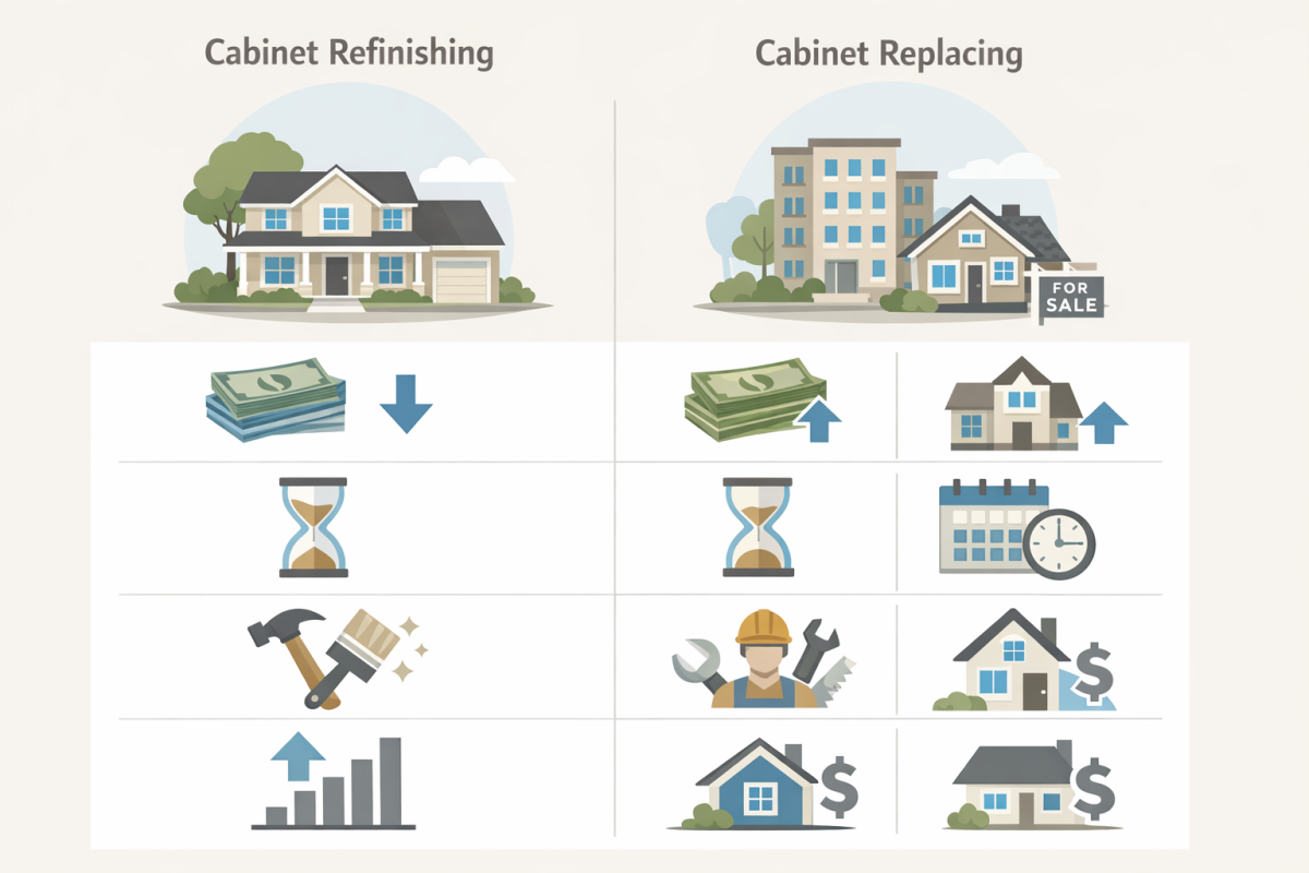 Infographic: “Refinishing vs. Replacing For Colorado Homes” comparison chart showing cost, time, disruption level, and ROI for owner‑occupied, rental, and flip scenarios