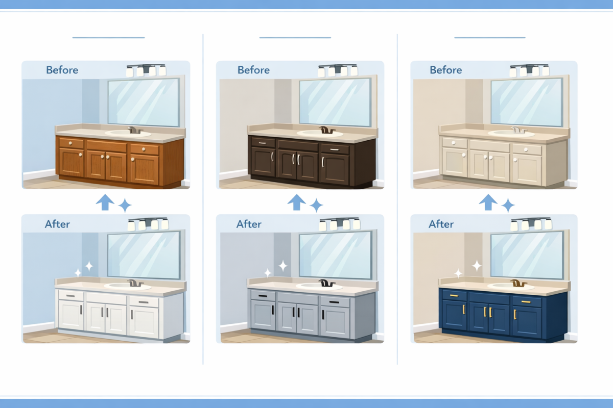 Infographic: Side-by-side comparison chart of three example bathrooms before/after cabinet painting, highlighting color choices, hardware changes, and perceived value increase