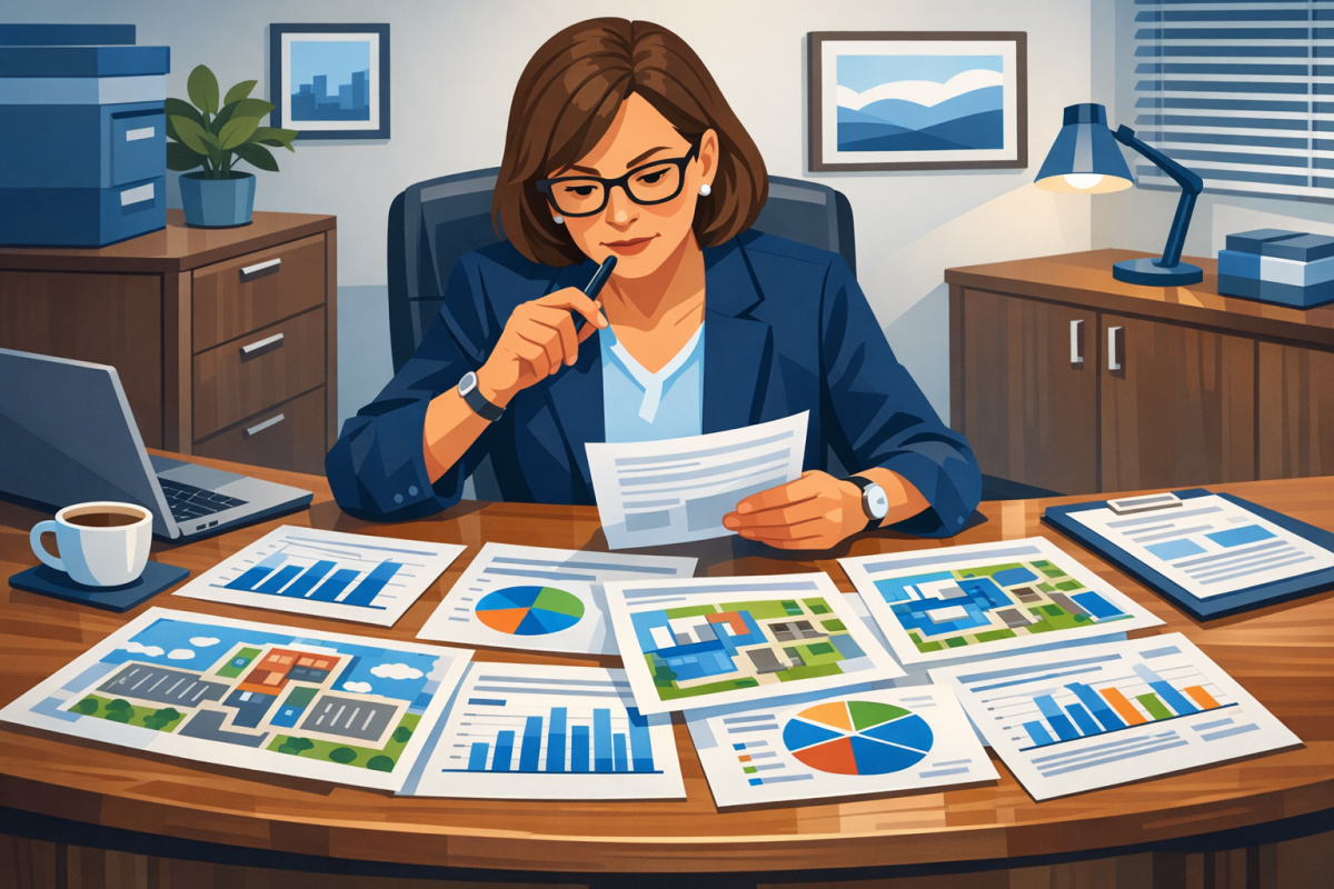Illustration of a property manager comparing multiple snow removal proposals at a desk with charts and site maps