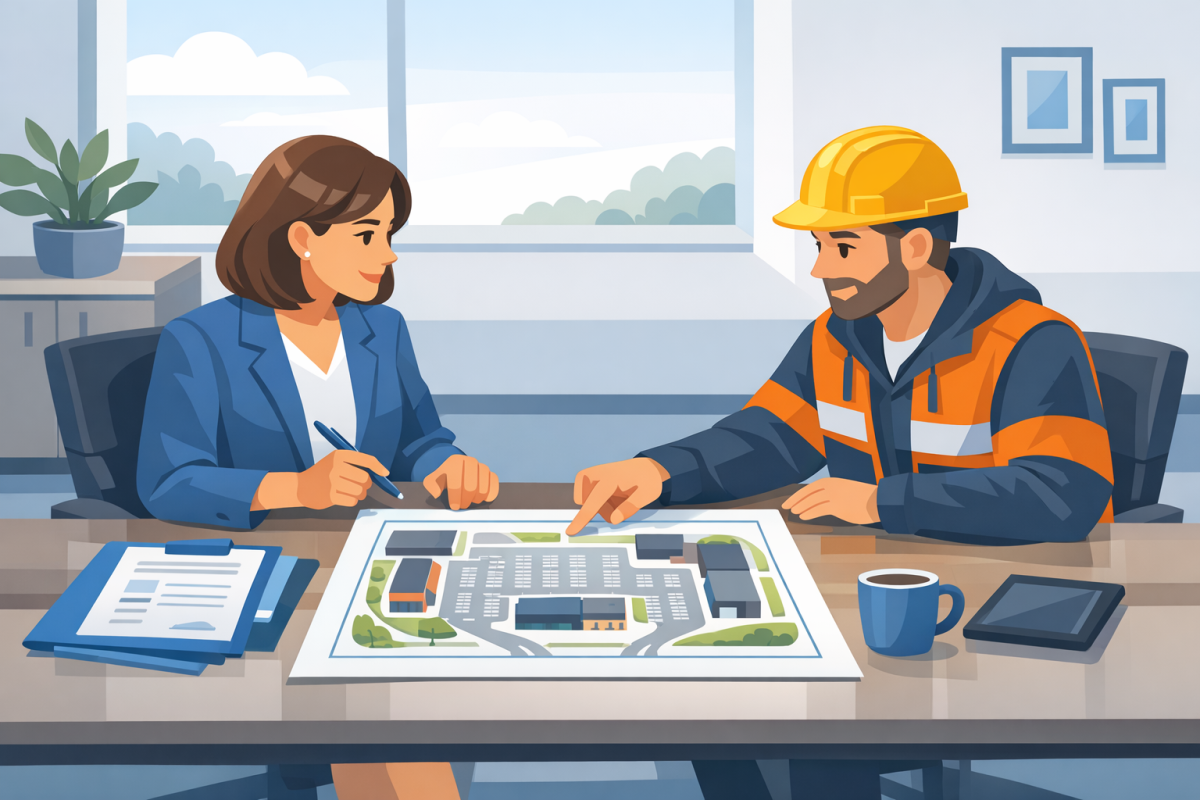 Illustration of a property manager reviewing a snow contract with a contractor at a conference table, site plan visible