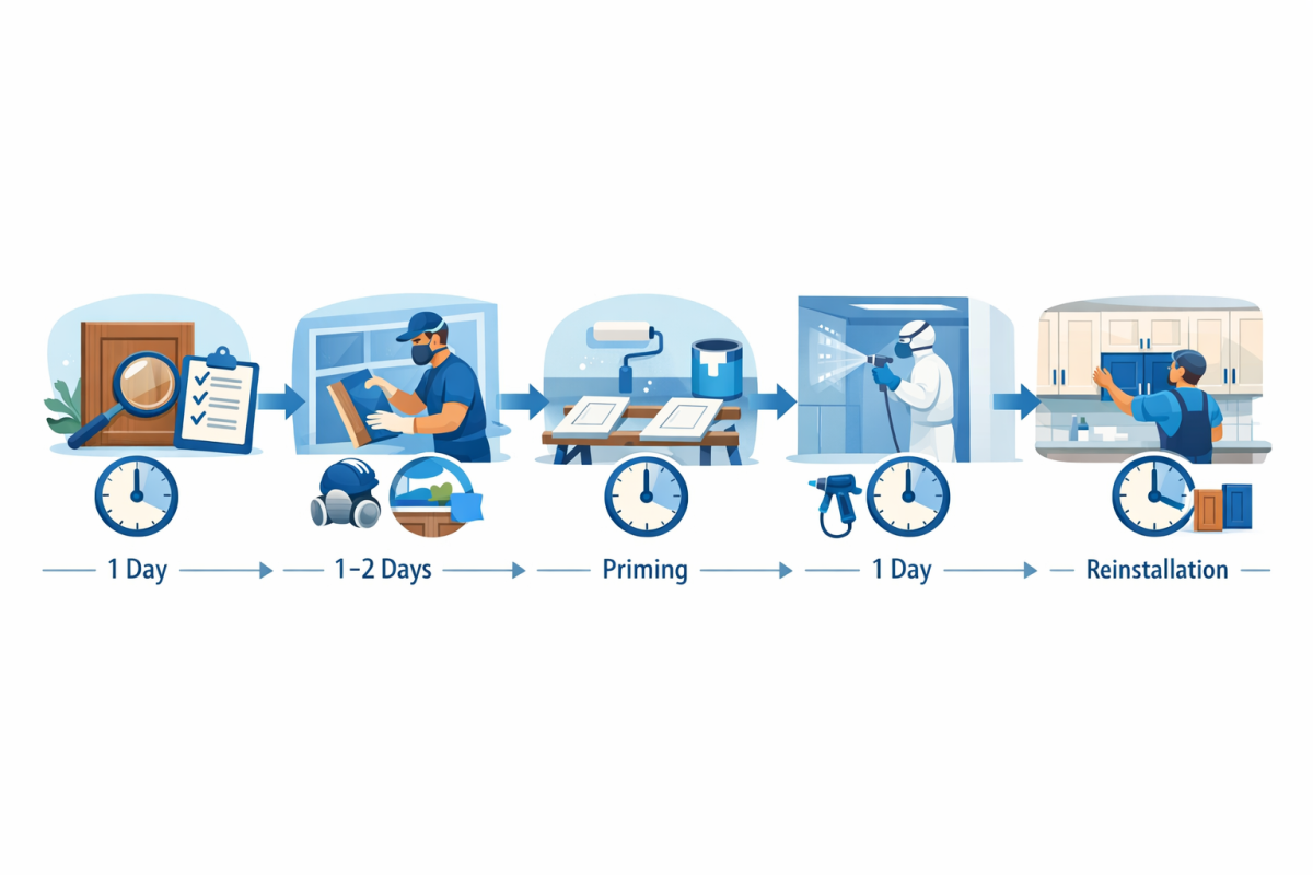 Infographic: Step-by-step process diagram showing the cabinet refinishing journey from evaluation and prep through priming, spraying, and reinstallation, with approximate timeframes for each stage.