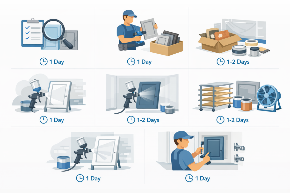 Infographic: Step-by-step process diagram of professional cabinet refinishing, from inspection and removal through prep, priming, spraying, curing, and reinstallation, with estimated timelines for each step