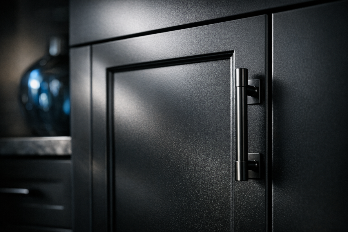 Cinematic close-up of a freshly sprayed cabinet door with new modern black hardware, soft natural light highlighting the smooth finish