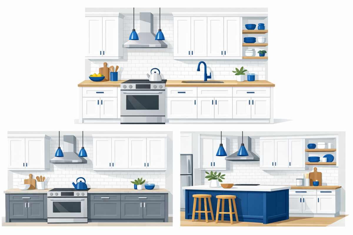 Illustration of three kitchen vignettes showing different cabinet color schemes: all white, gray lowers with white uppers, and a bold island accent
