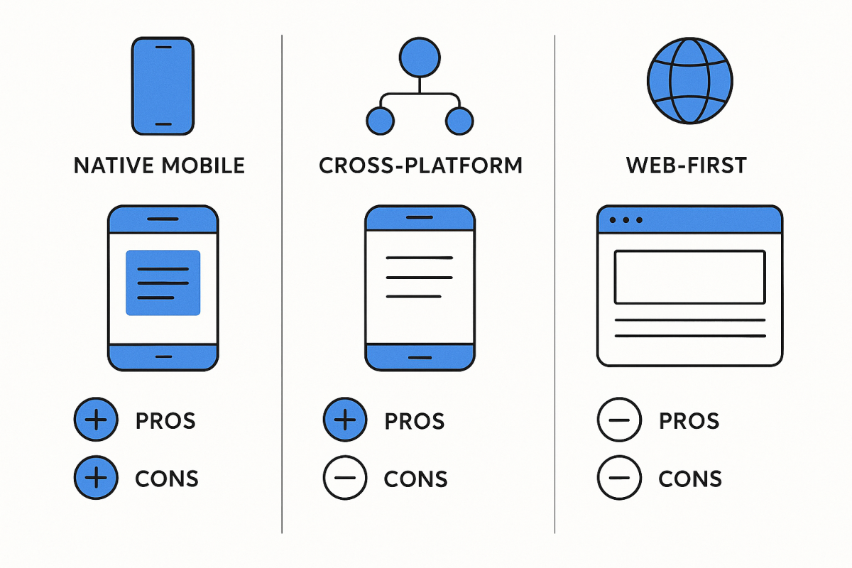Diagram comparing native mobile, cross-platform, and web-first approaches with pros and cons