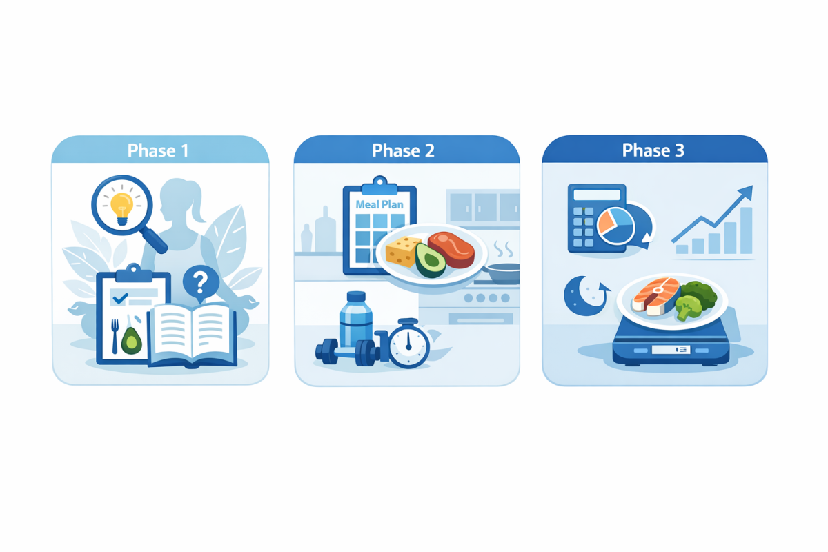 Infographic: Step‑by‑step process diagram showing Phase 1 (Awareness), Phase 2 (Structure), Phase 3 (Fine‑tune) with key actions and time windows