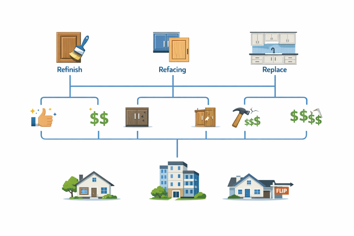 Infographic: Decision tree infographic showing "Refinish vs Reface vs Replace" based on cabinet condition, layout plans, budget, and property type (owner-occupied, rental, flip)