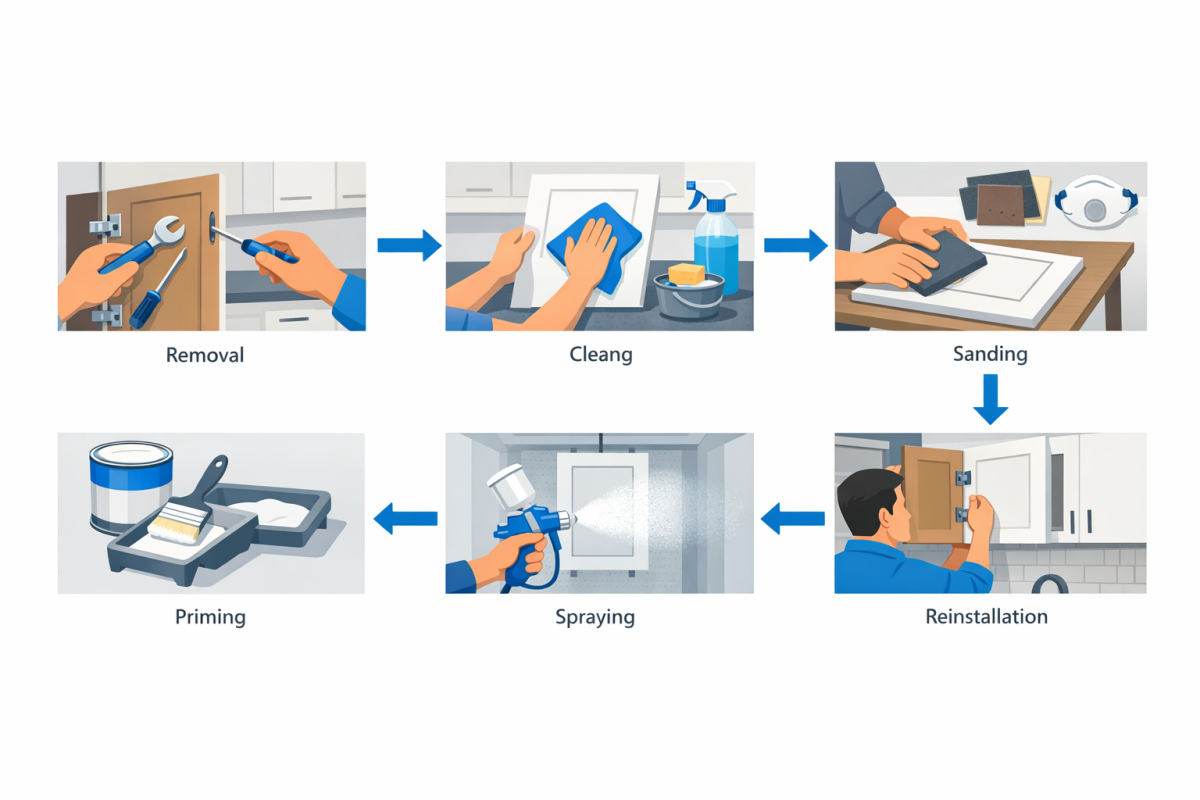 Infographic: Step-by-step process diagram showing cabinet spraying workflow from removal, cleaning, sanding, priming, to spraying and reinstallation