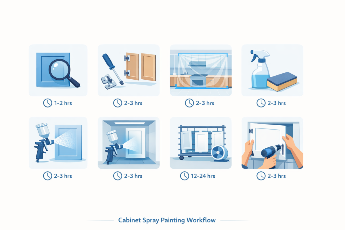 Infographic: Step-by-step process diagram showing the cabinet spray workflow: inspection, removal, masking, cleaning and sanding, priming, spray finishing, curing, and reinstallation, with estimated time per phase